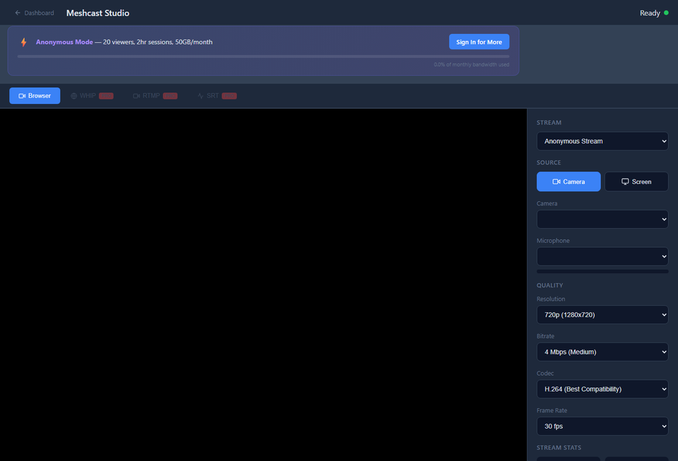 Meshcast Studio with stream settings