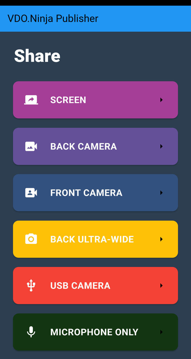 VDO.Ninja native app showing USB Camera mode