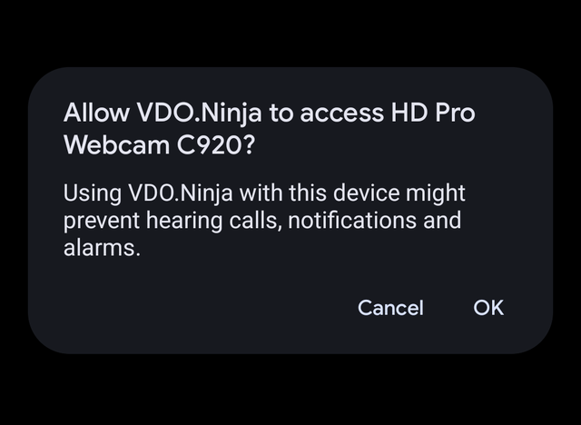 Android USB camera permission prompt for VDO.Ninja