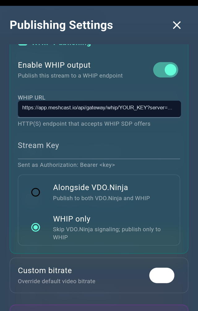 VDO.Ninja native app WHIP settings filled with Meshcast URL